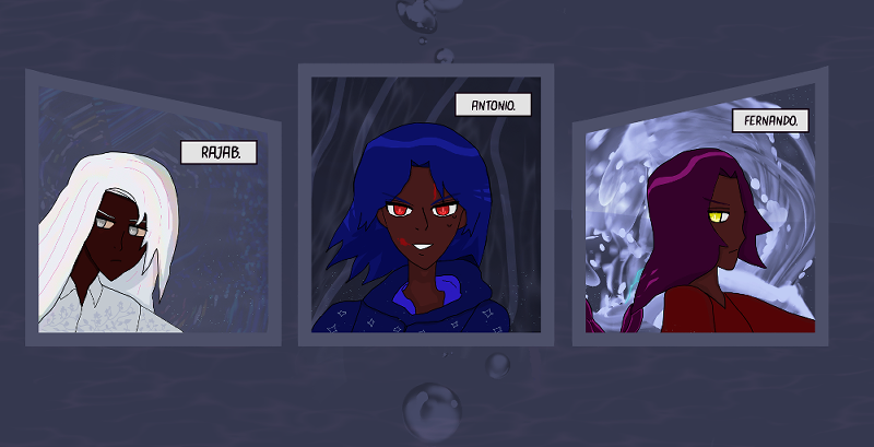 Rajab looks back at someone with a serious gaze, silver eyes, dark brown skin and silver hair with a flowery white print shirt. The seas behind him look mystical and swirling. Antonio with his typical darker blue hair [within the comic] like waves looks brash with a sharp grin, with glowing red eyes and blood splashed on his skin. Fernando, who is identical to him except with [anime] dark violet hair with a flying braid, looks back at what looks like Antonio very seriously with his golden eye glowing and a small frown, wearing a red shirt and with his waves whirling behind him.